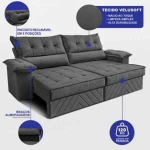 Sofá Retrátil 2,40m Molas E Espuma D33 Thunder. Cama Inbox - Imagem 3