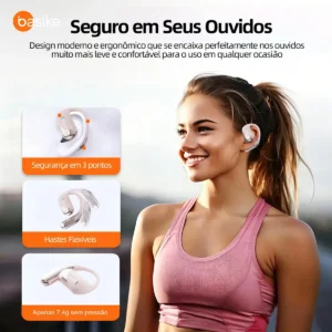 Fone de Ouvido Sem Fio Bluetooth 6.1 Esportivo OWS Com Ganchos Estéreo Hi-Fi com Microfone para Chamadas Claras, Controle de Volume Basike Fone Ouvido para Academia Corrida e Gamer, 100h Standby Rosa - Imagem 5