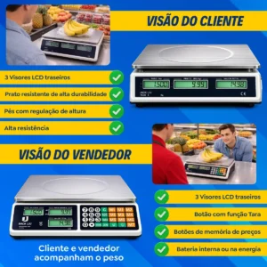 Balança Comercial 40kg Display Duplo Digital Hw Cálculo De Preço E Bateria Recarregável Para Mercado Cozinha Açougue - Imagem 5
