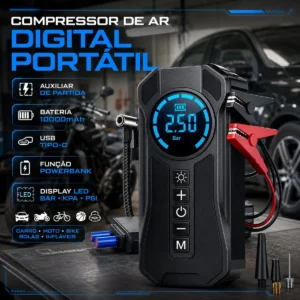 Mini Compressor De Ar Portátil Bateria Emergência Ignição Automotiva Potente Preto Compacto - Imagem 1
