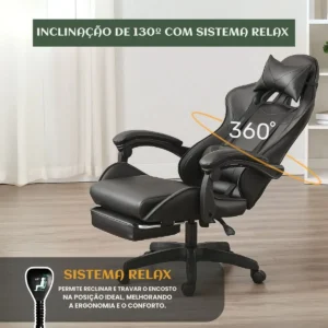 Cadeira De Escritório Gamer Nitro Ergonômica Estofado Couro Sintético Reclinável Altura Ajustável Apoio Para Pés Cor Preto Luvinco - Imagem 6