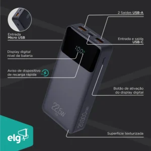 Power Bank Pro 20000mAH ELG PB200BK, Bateria Portátil Universal, Carga Rápida, Display Indicador, Entradas Micro USB e USB-C, 2 Portas USB-A, PD+QC3.0, Preto - Imagem 8