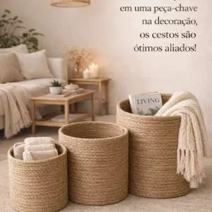 3 Cestos Organizador Rusticos Decoração Sala Quarto Liso Vaso Cachepot Palha Natural P M G Decora Ambiente Boho Cesta Com Proteção Multiuso Organização Decorativo Plantas Artificiais Ou Naturais - Imagem 5