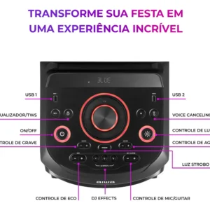 Torre de Som AIWA T1W-02 1600W 1Woofer10" Bluetooth RGB USB FM DJ - Imagem 2
