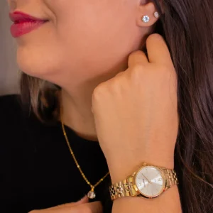 Relógio Mondaine Feminino Dourado Clássico com Semijoias Kit 32606lpmkde1k1 - Imagem 4