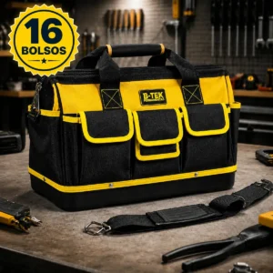 Bolsa Ferramentas Reforçada Grande Lona B-TEK BT-398 Mala 16 Bolsos 15kg Eletricista Encanador Mecânico Mochila Fundo Emborrachado Manutenção Predial Porta Ferramenta Profissional Preto E Amarelo - Imagem 1