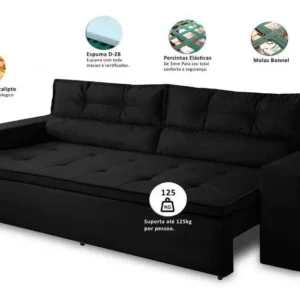 Sofá Retrátil Reclinável 3 Lugares C Molas 1,80m Vegas Suede Cor Preto - Imagem 3