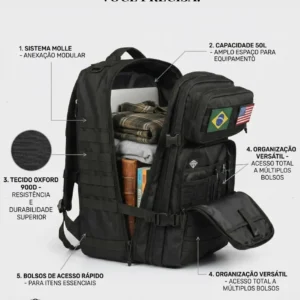 Mochila Tática Militar 50l Masculina Reforçada Impermeável Viagem Camping Pesca Com 2 Patchs Bandeiras Brasil Eua Preta Bagear - Imagem 7