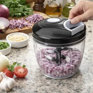 Triturador de Alimentos Manual 900ml com 5 Lâminas Inox – Picador de Cebola Alho Legumes e Temperos Pétalas Douradas Fatiador Cortador - Imagem 4