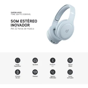 Fone De Ouvido Headphone Dapon H02d Bluetooth 5.1 Over-ear 22 Horas De Bateria Azul Bebê - Imagem 3