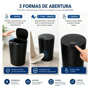 Lixeira Inteligente Automática com Sensor para Cozinha e Banheiro, 16 Litros Preto - Imagem 8