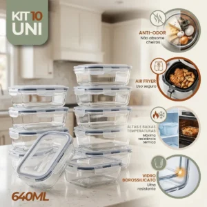 Kit 10 Pote De Vidro Marmita Hermético 640ml Freezer Fitness Rishon - Imagem 1