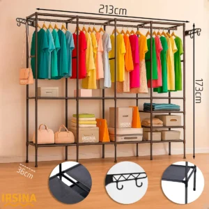 Guarda Roupa Cabideiro Organizador Closet Aberto Desmontavel Arara Divisórias 10 Prateleiras Aço Resistente Preto Irsina - Imagem 6