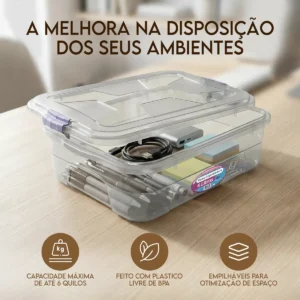 Caixa Organizadora Transparente 6 Litros Com Tampa Kit 3 Unidades Plástico Multiuso Empilhável Armazenamento Doméstico Ponte Lar - Imagem 5