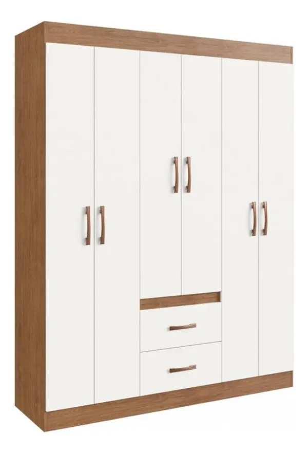 Guarda Roupa Solteiro 6 Portas 2 Gavetas Sidney Doripel Cor Off White/nogueira