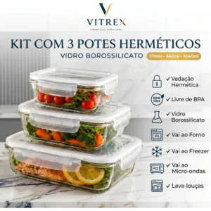 Kit 3 Pote De Vidro Marmita Hermético 370, 640ml, 1040ml Freezer Fitness Vitrex - Imagem 1