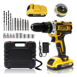 Parafusadeira Furadeira Impacto Fulink Profissional Fk-80pt 2 Baterias Com Maleta 60Hz Amarelo - Imagem 1