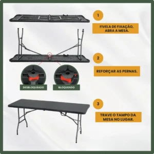 Mesa Dobrável Vira Maleta Com Alça Portátil 1.80m Para Camping Pesca Jardim Área Externa Ou Interna Salão De Festas Gourmet Cor Preto Luvinco - Imagem 7