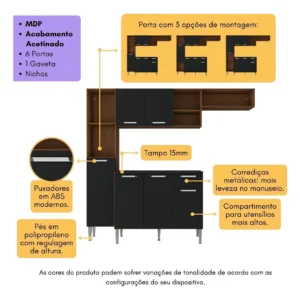 Armário De Cozinha Compacta Smart Multimóveis Mp2183 Cor Madeirado/Preto - Imagem 4