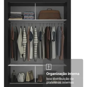 Guarda Roupa Denver Madesa Solteiro Armário Quarto 2 Port Correr Espelho P Cor Preto 10948N1E - Imagem 6