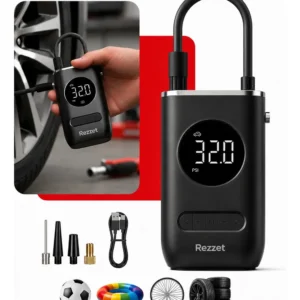 Mini Compressor Digital Portátil Rezzet para Carro Moto e Bicicleta com Calibrador Digital Inflador Elétrico de Pneus 12V Display LCD Lanterna LED Compacto e Recarregável Preto - Imagem 1