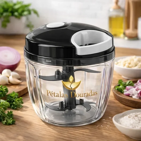 Triturador de Alimentos Manual 900ml com 5 Lâminas Inox – Picador de Cebola Alho Legumes e Temperos Pétalas Douradas Fatiador Cortador