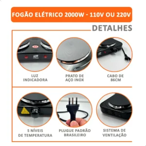 Fogão de Mesa Elétrico INMA de 2 Bocas para Camping e Viagem, em Inox - Imagem 6