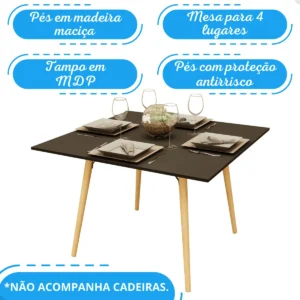Mesa Sala De Jantar Cozinha Quadrada 4 Lugares 90 Cm Pés Madeira Tampo Preto - Imagem 4