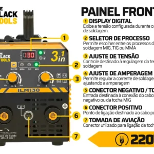 Maquina Inversora De Solda Mig Sem Gás 130a 3 Em 1 Tig Lift Com Acessórios Amarelo The Black Tools - Imagem 3