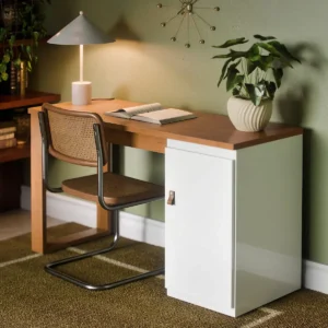 Mesa Escrivaninha Home Office Paris Para PC Computador Com 1 Porta E Puxador De Couro Para Escritório E Estudos Cor Branco Nature - Imagem 1