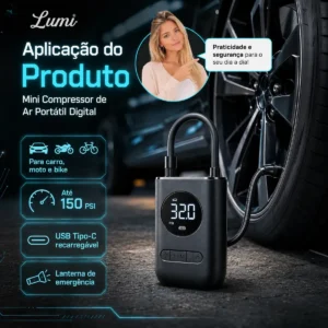 Compressor De Ar Digital Mini Portátil Recarregável Usb-c Para Pneus De Bicicleta Moto Carro Bolas Infláveis Preto - Imagem 3