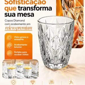 Jogo 6 Copos Diamond 300ml Vidro Grosso Diamante Egipcio Luxo Moderno Resistente Buffet Casual Baixos Transparente - Nany Pink - Imagem 4