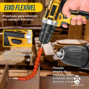 Parafusadeira Furadeira C/ 2 Baterias Maleta Kit Completo Led Eixo Flexível Vários Níveis Torque - Imagem 7
