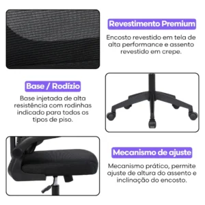 Cadeira Escritório Presidente Ergonômica NR17 Marqs Home Arcanis Preta com Apoio Lombar e Encosto Mesh Premium - Imagem 7