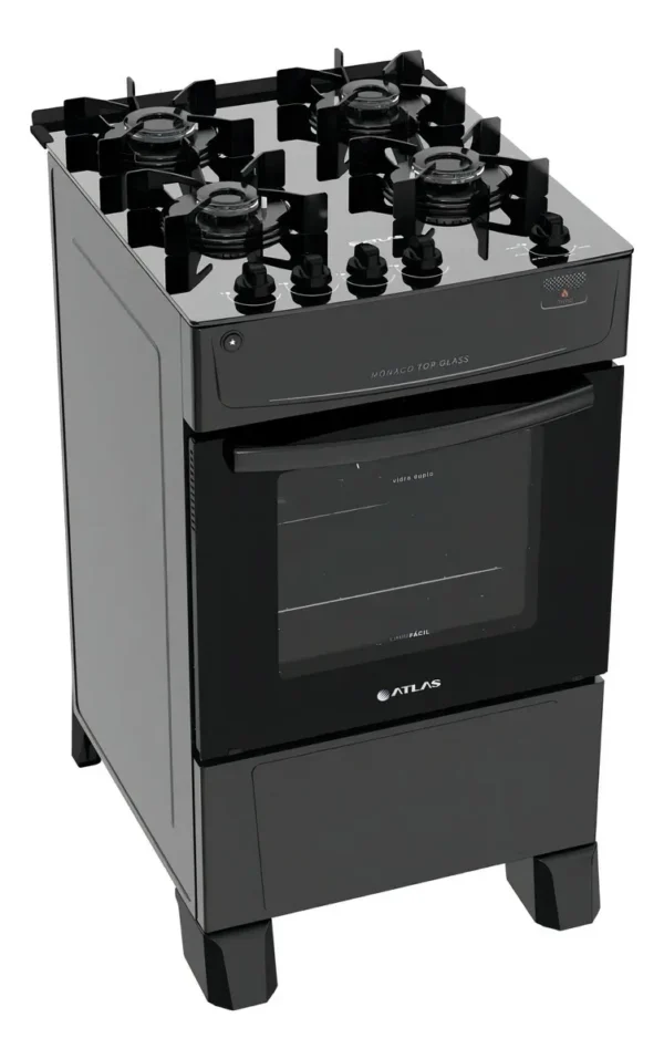 Fogão 4 Bocas Atlas Mônaco Top Glass com Mesa de Vidro e Acendimento Automático Preto Bivolt