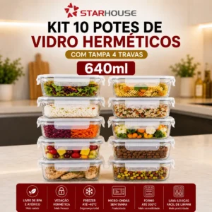 Kit 10 Potes Herméticos Vidro 640ml Starhouse Marmita Forno Micro-ondas Airfryer com 4 travas de super vedação - Imagem 1