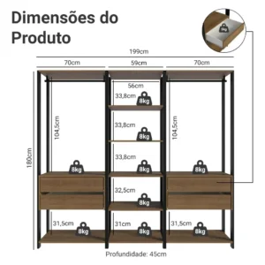 Guarda-roupa Closet Modulado Valencia 199cm Madesa Rp 02 Cor Rustic/Preto MDDR0300027K - Imagem 4