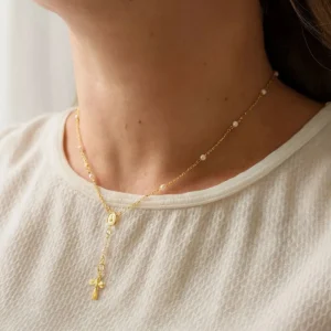 Presente Colar Terço Pérolas Semijoia Banhado A Ouro Com Mensagem - Imagem 4