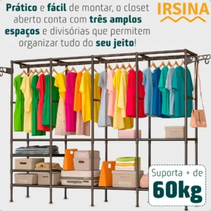 Guarda Roupa Cabideiro Organizador Closet Aberto Desmontavel Arara Divisórias 10 Prateleiras Aço Resistente Preto Irsina - Imagem 5