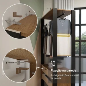 Guarda-roupa Closet Modulado Valencia 199cm Madesa Rp 02 Cor Rustic/Preto MDDR0300027K - Imagem 7