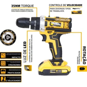 Parafusadeira Furadeira Impacto Fulink Profissional Fk-80pt 2 Baterias Com Maleta 60Hz Amarelo - Imagem 6