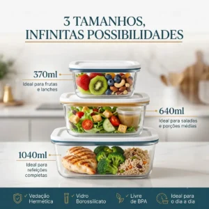 Kit 3 Pote De Vidro Marmita Hermético 370, 640ml, 1040ml Freezer Fitness Vitrex - Imagem 5