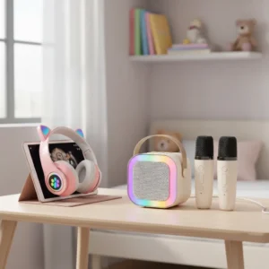 Fone Gatinho Infantil + Caixa De Som Karaokê C/ 2 Microfones - Imagem 1
