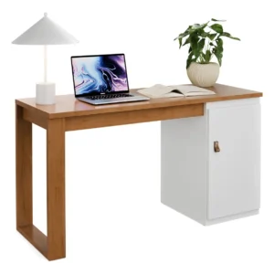 Mesa Escrivaninha Home Office Paris Para PC Computador Com 1 Porta E Puxador De Couro Para Escritório E Estudos Cor Branco Nature - Imagem 8