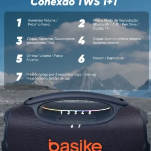 Caixa de Som Basike 80W Bluetooth Portátil com RGB e Bateria 10h - Imagem 8