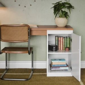 Mesa Escrivaninha Home Office Paris Para PC Computador Com 1 Porta E Puxador De Couro Para Escritório E Estudos Cor Branco Nature - Imagem 7