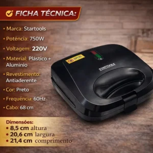 Sanduicheira Grill Elétrica Antiaderente 750w Preto 110/220v - Imagem 5