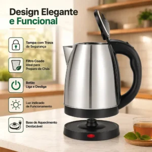 Chaleira Jarra Elétrica 1,8L Litros Em Inox Desligamento Automático Aquecimento Rápido Segura Café Chá Fácil Abertura Tampa Alça Ergometrica - Imagem 7
