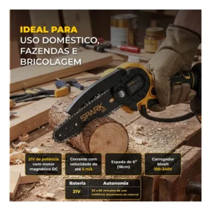 Kit Mini Serra 6 Polegadas Motosserra Eletrica Spark Br Portatil 2 Baterias Recarregável 21v Trava Segurança Acessórios Maleta Corrente Extra Bivolt - Imagem 4