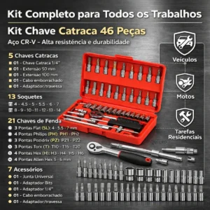 Kit Chaves Ferramentas Jogo Fenda Philips Catraca Soquete Allen 46 Peças Com Maleta Completa Manual Ideal Mecânico Manutenção Casa Carro Profissional Resistente Portátil Compacto Quicko Vermelho - Imagem 2